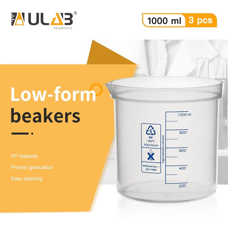 ULAB Scientific Stackable Graduated Plastic Beakers, 3pcs of 1000ml(33.8oz), with Easy-to-Read Printings in Blue, UBP1016 - Image 2